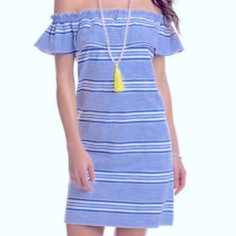 Vineyard Vines Blue Striped Off-Shoulder Dress